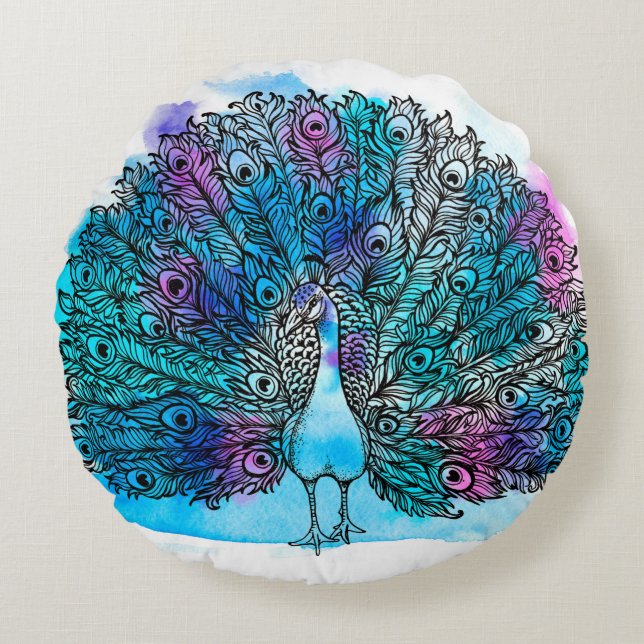 Beautiful Hand drawn Peacock bird consist many det Round Pillow (Front)