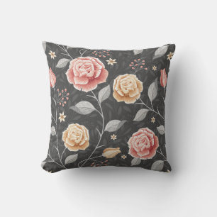 Beautiful Hand Drawn Pink and Yellow Rose Pattern Throw Pillow
