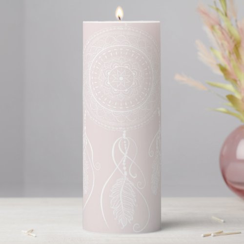 Beautiful Hand Drawn White Dream Catcher Mandala Pillar Candle