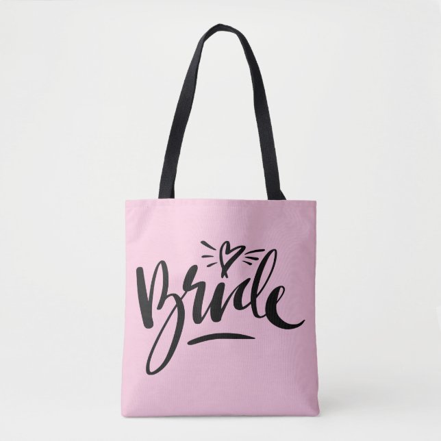 Beautiful hand lettered BRIDE wedding tote bag (Front)