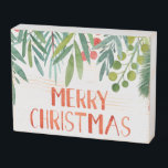 Beautiful Hand Lettered Watercolor Berry & Branch  Wooden Box Sign<br><div class="desc">Elegant hand lettered red and green Merry Christmas Illustration sign</div>