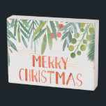 Beautiful Hand Lettered Watercolor Berry & Branch  Wooden Box Sign<br><div class="desc">Elegant hand lettered red and green Merry Christmas Illustration sign</div>