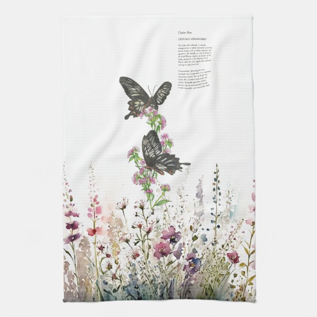 Beautiful Hand-Painted Ceylon Rose Butterflies Kitchen Towel (Vertical)