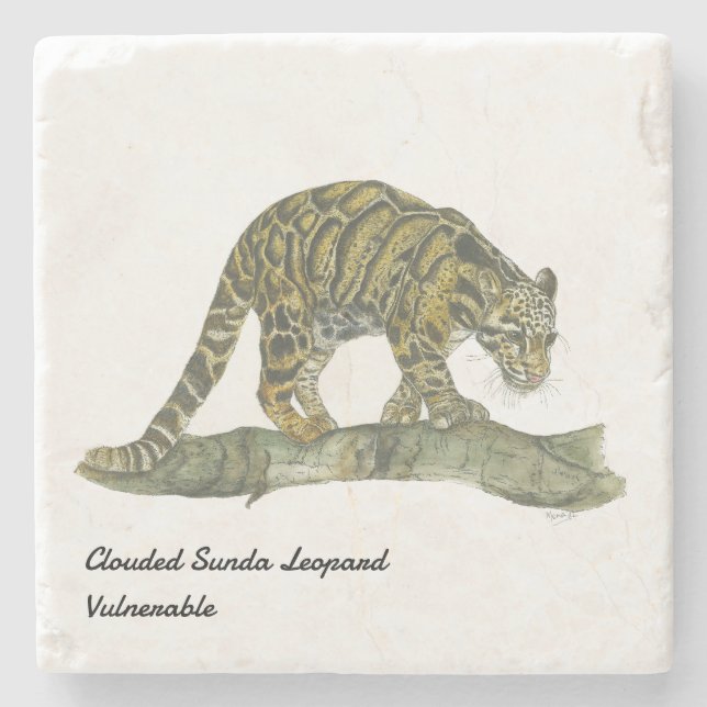 Beautiful Hand-Painted Endangered Clouded Leopard Stone Coaster (Front)