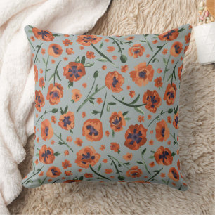 Beautiful Hand Painted Orange Poppy Flower Pattern Throw Pillow