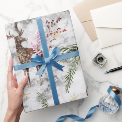 Beautiful hand painted  watercolor reindeer wrapping paper