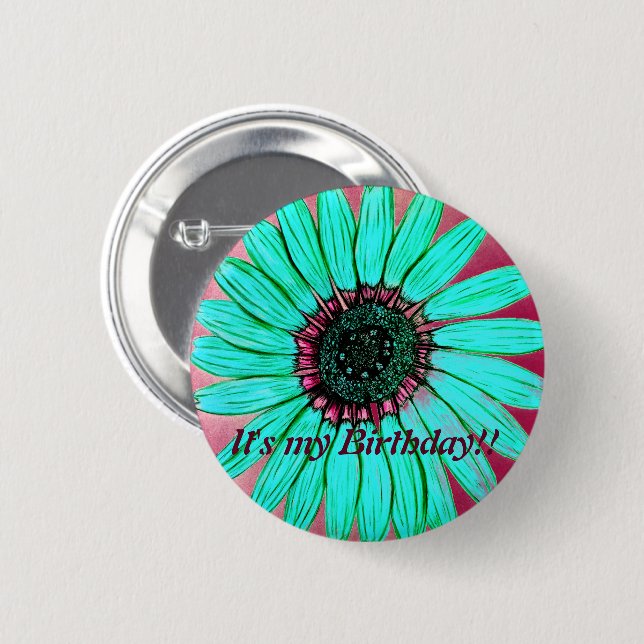 Beautiful hand sketched Flower Birthday Button (Front & Back)