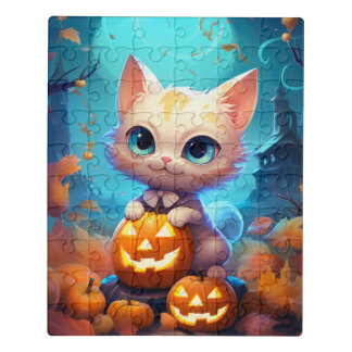beautiful happy halloween white cat jigsaw puzzle