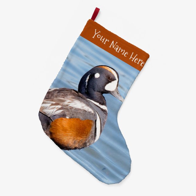 Beautiful Harlequin Duck at the Beach Large Christmas Stocking (Front (Hanging))