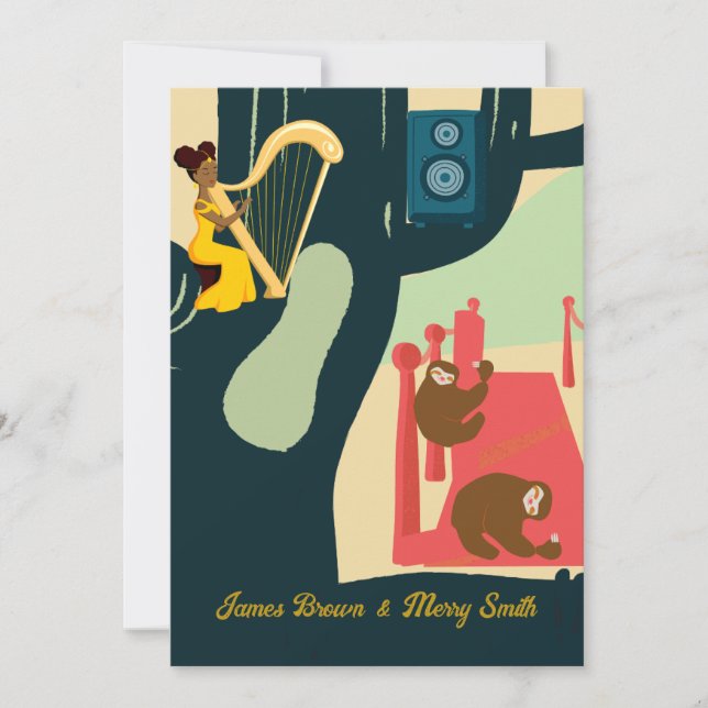 Beautiful Harpist Sleepy Sloth Speaker Wedding Invitation (Front)