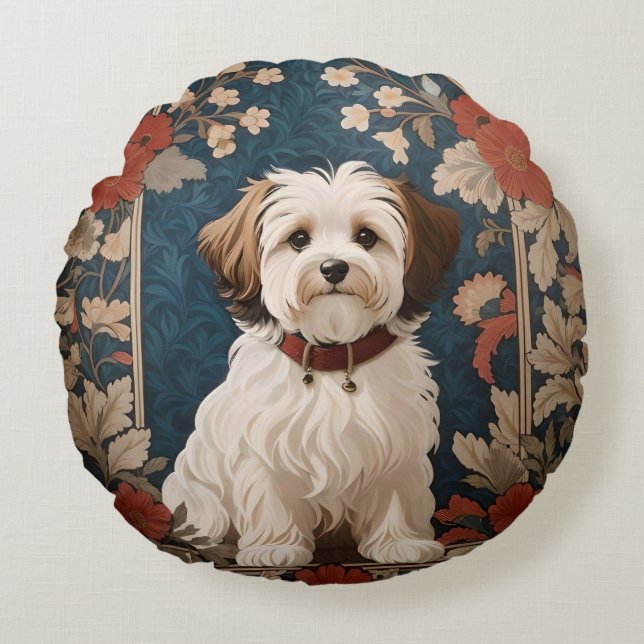 Beautiful Havanese Dog William Morris Floral Round Pillow (Front)