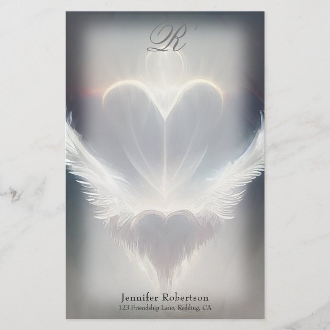 Beautiful Heart Angel Wings Monogram Stationery (Front)