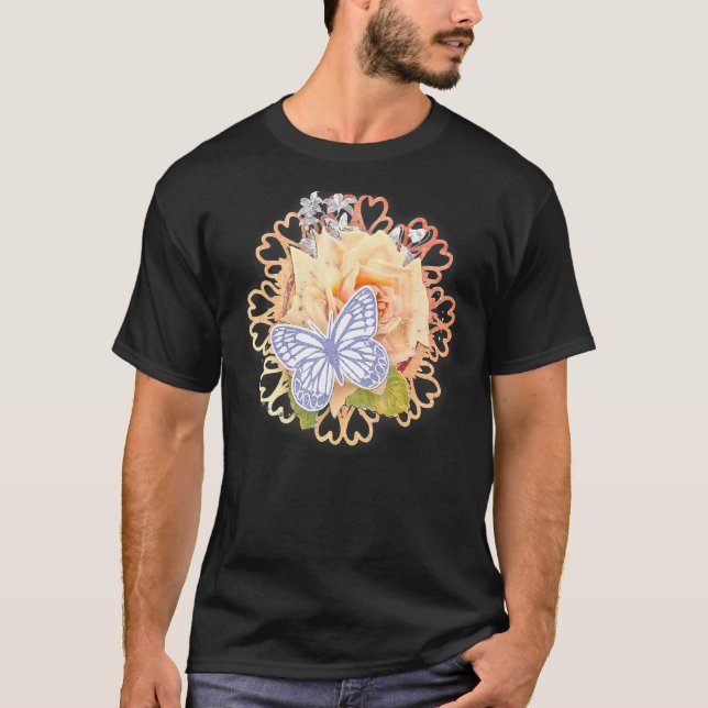 Beautiful Heart Rose Butterfly Green Peach Red T-Shirt (Front)