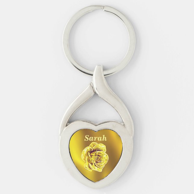 Beautiful Heart-shaped Golden Rose Personalized Keychain (Front)