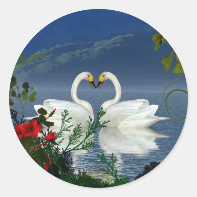 Beautiful heart swans red flowers 1 classic round sticker (Front)