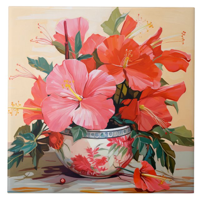 Beautiful Hibiscus Flowers, Pink/Red, Ceramic Tile (Front)