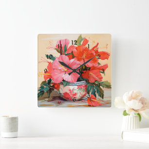 Beautiful Hibiscus Flowers, Pink/Red, Square Wall Clock