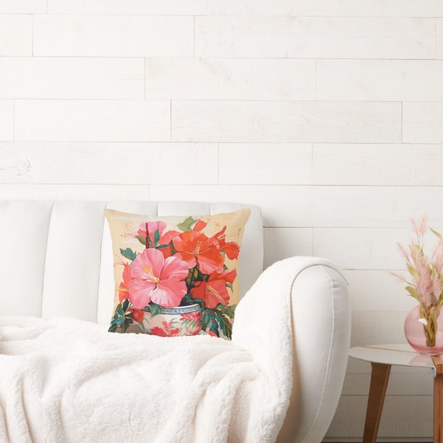 Beautiful Hibiscus Flowers, Pink/Red, Throw Pillow (Couch)