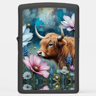Beautiful Highland Cow in Colorful Cosmos