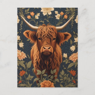 Beautiful Highland Cow Vintage Floral Postcard