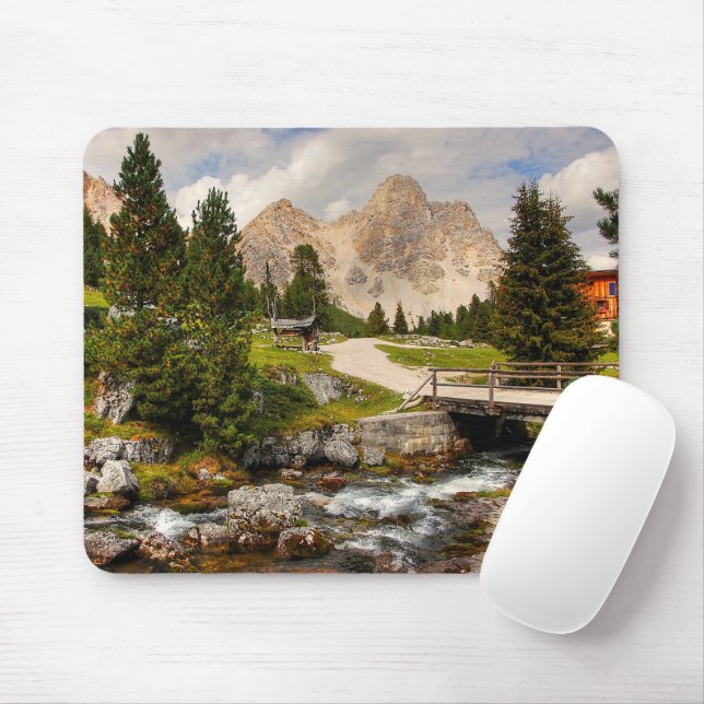 Beautiful Hiking Trail River, Trees & Mountains Mouse Pad (With Mouse)