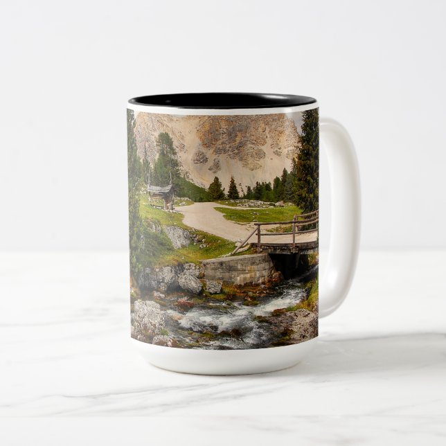 Beautiful Hiking Trail River, Trees & Mountains Two-Tone Coffee Mug (Front Right)