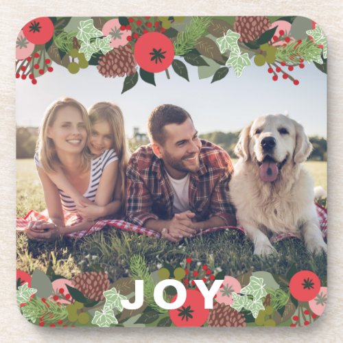Beautiful Holiday Botanical Joy Type Photo Beverage Coaster