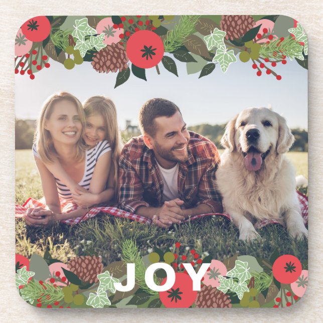 Beautiful Holiday Botanical Joy Type Photo Beverage Coaster (Front)
