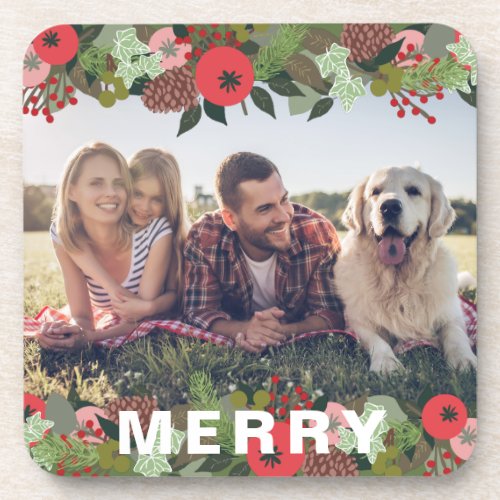 Beautiful Holiday Botanical Merry Type Photo Beverage Coaster