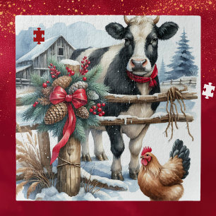 Beautiful Holiday Cow with Rooster Christmas Jigsaw Puzzle