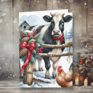 Beautiful Holiday Cow with Rooster Personalized Card