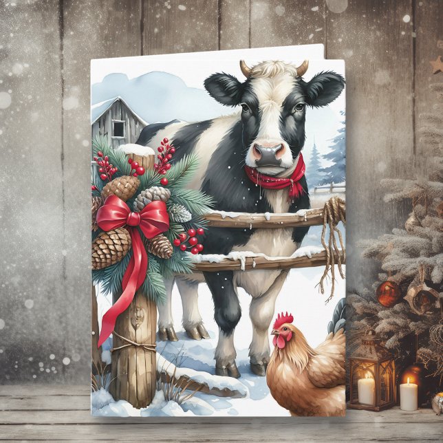 Beautiful Holiday Cow with Rooster Personalized Card (Creator Uploaded)