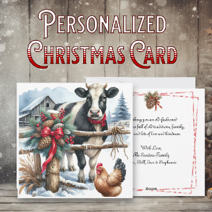 Beautiful Holiday Cow with Rooster Personalized Card