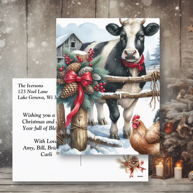 Beautiful Holiday Cow with Rooster Personalized Postcard (Creator Uploaded)