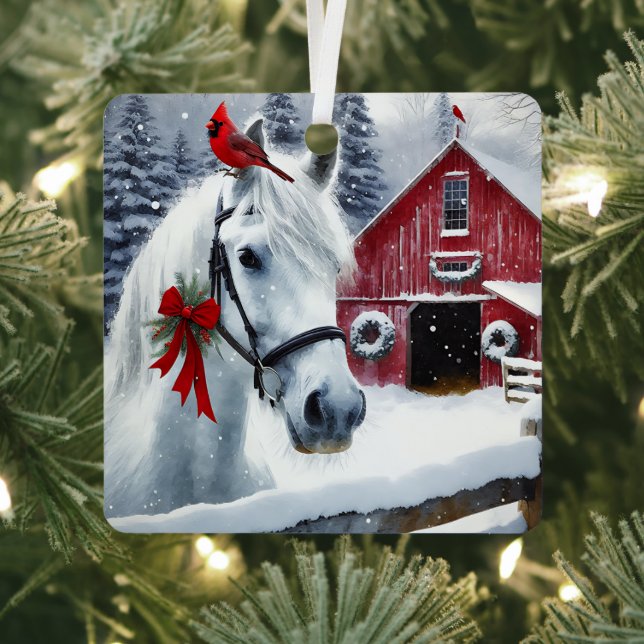 Beautiful Holiday Horse with Cardinal Personalized Metal Ornament (Insitu)