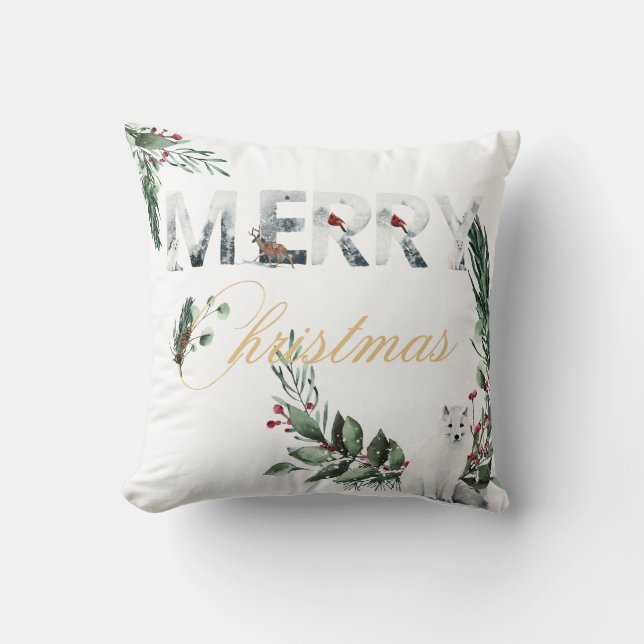 Beautiful Holiday Merry Christmas Snowy White Fox Throw Pillow (Front)