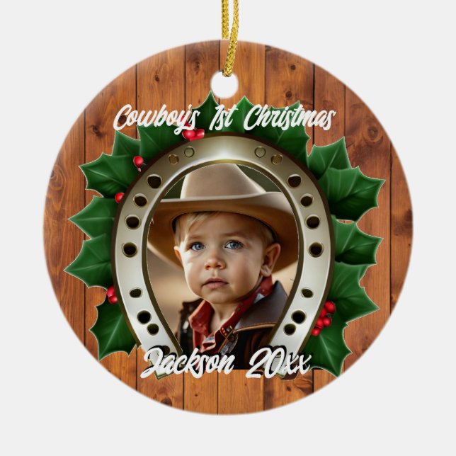 Beautiful Holly and Horseshoe First Christmas Ceramic Ornament (Front)