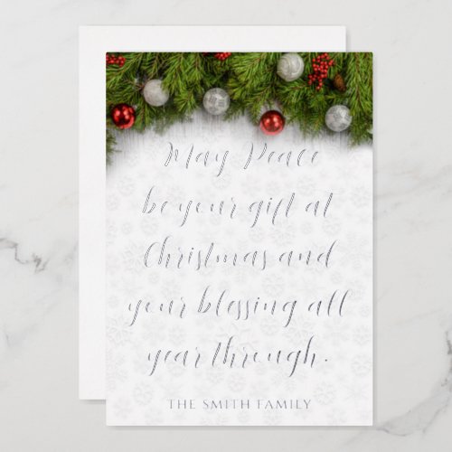 Beautiful Holly and Ornament Christmas Blessings Foil Invitation