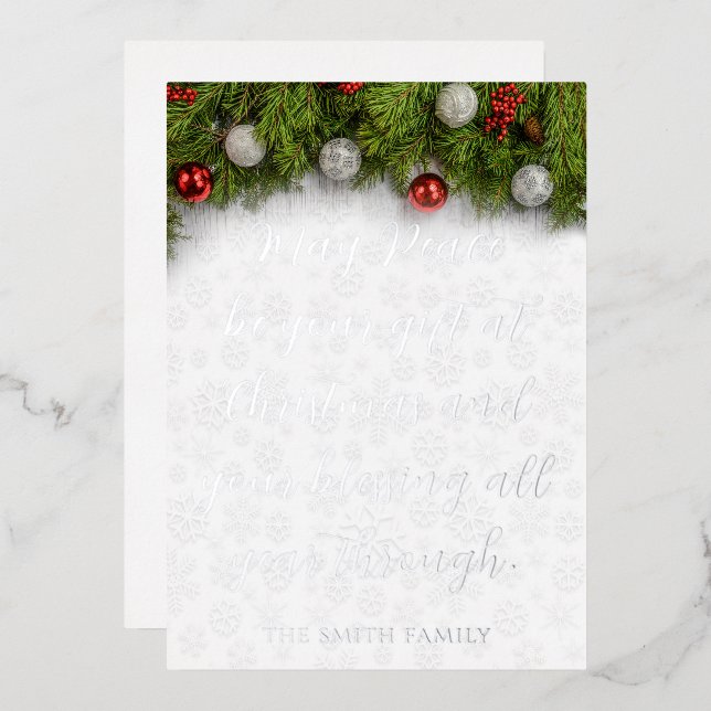 Beautiful Holly and Ornament Christmas Blessings Foil Invitation (Front/Back)