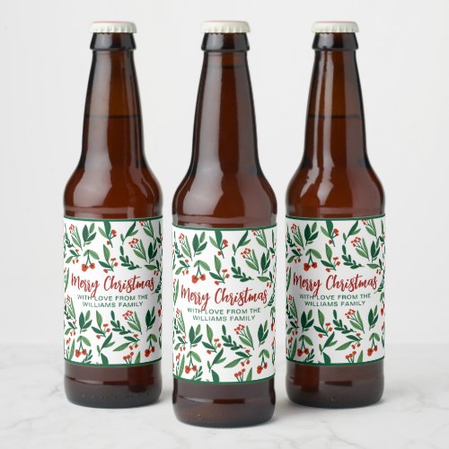Beautiful Holly Berry Personalized Christmas Party Beer Bottle Label