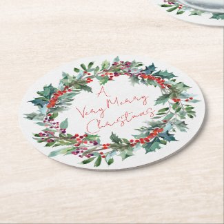 Beautiful Holly Wreath Person Wreath Paper Coaster