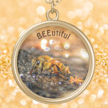 Beautiful Honey Bee photography Gold Plated Necklace<br><div class="desc">Macro photography of a BEEutiful Honey Bee sipping from sparkling sunlit water.  Bee delighted with this beautiful and elegant pendant necklace. Personalize with the Name of a beekeeper.  The world needs more bees.

This image is original nature photography by JLW_PHOTOGRAPHY.</div>