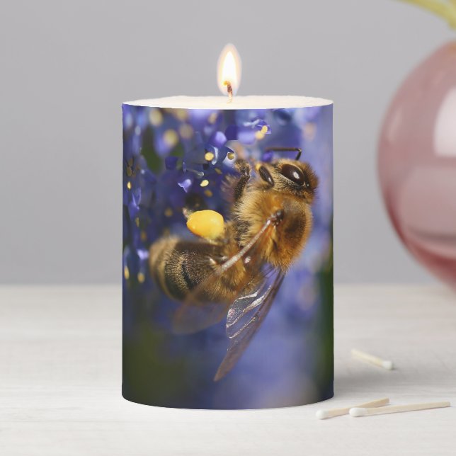 Beautiful Honeybee on California Lilac Shrub Pillar Candle (In Situ)