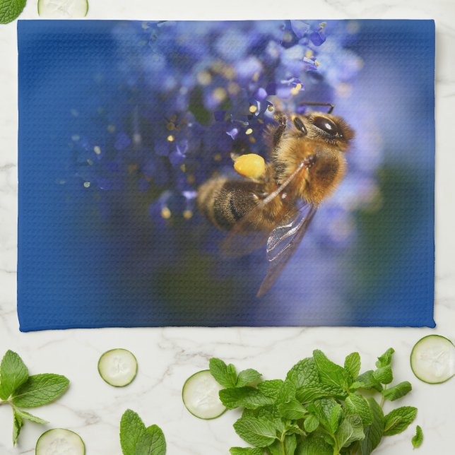 Beautiful Honeybee on the California Lilac Kitchen Towel (Folded)