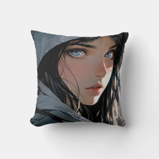 Beautiful Hooded Anime Girl Throw Pillow