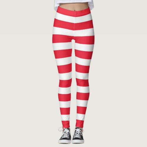 Beautiful horizontal wide red white stripe pattern leggings