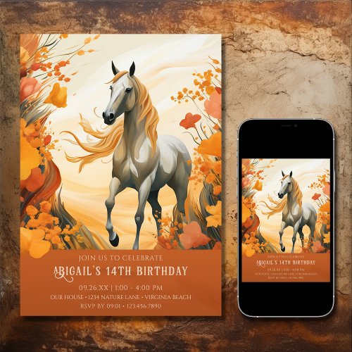 Beautiful Horse and Autumn Flowers Fall Birthday Invitation