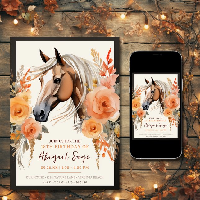 Beautiful Horse and Flowers Birthday Invitation (Printed and Digital - Beautiful Horse and Flowers Birthday Invitation)