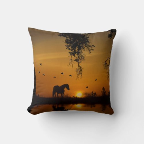 Beautiful Horse and Oak Tree Sunset Throw Pillow