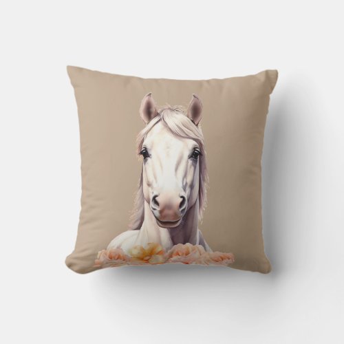 Beautiful Horse and Pink Flowers on Beige Throw Pillow